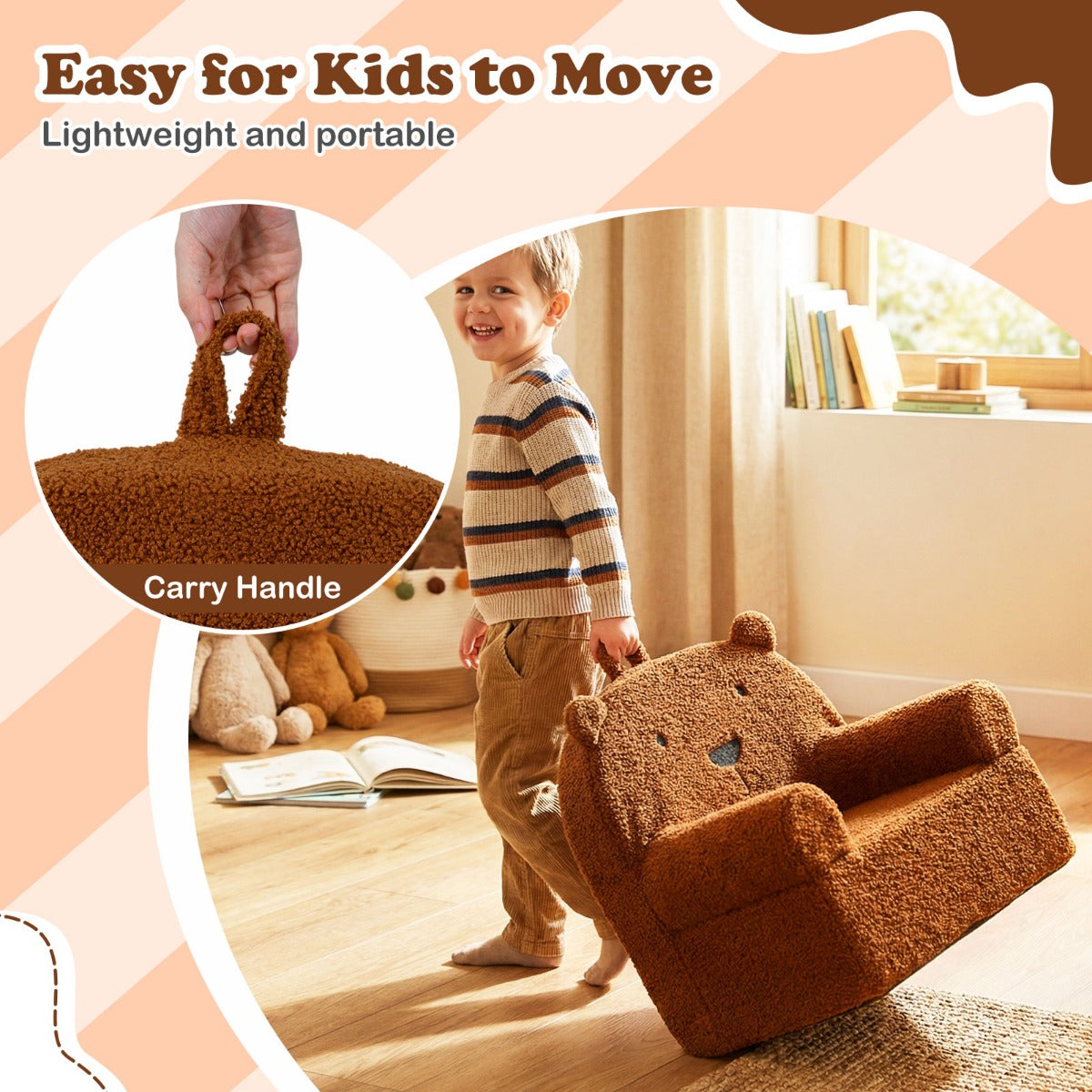 Livsk costway kinderbank beer kinderfauteuil met afneembare teddyfleece hoes schuimrubber draagbare minibank met handvat voor kinderen vanaf 3 jaar