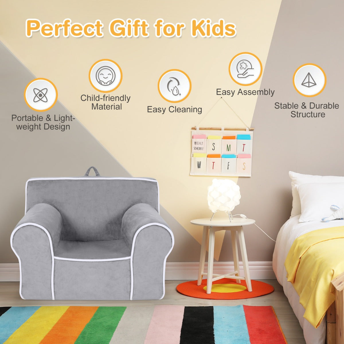 LIVSK Kinderbank - Fluweel met Schuimvulling - Handgreep en Ritssluiting - Draagvermogen tot 43 kg - 68 x 46 x 50 cm - Grijs