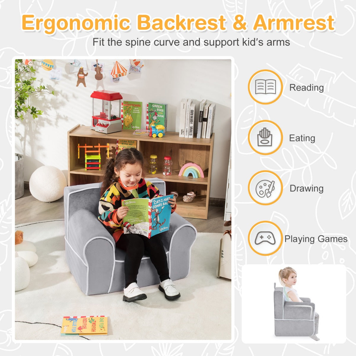 LIVSK Kinderbank - Fluweel met Schuimvulling - Handgreep en Ritssluiting - Draagvermogen tot 43 kg - 68 x 46 x 50 cm - Grijs