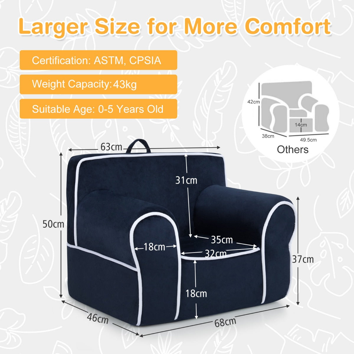 LIVSK Kinderbank met Fluwelen Bekleding - Comfortabele Schuimvulling - Draagvermogen 43 kg - Voor Kinderen 0-5 jaar - Marineblauw