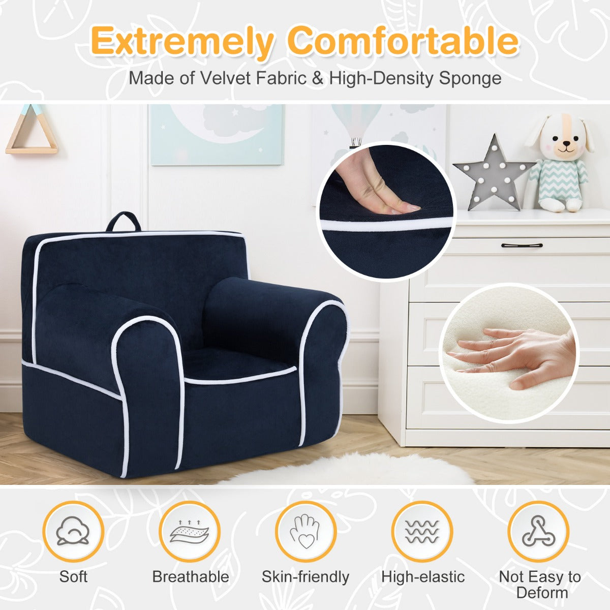 LIVSK Kinderbank met Fluwelen Bekleding - Comfortabele Schuimvulling - Draagvermogen 43 kg - Voor Kinderen 0-5 jaar - Marineblauw