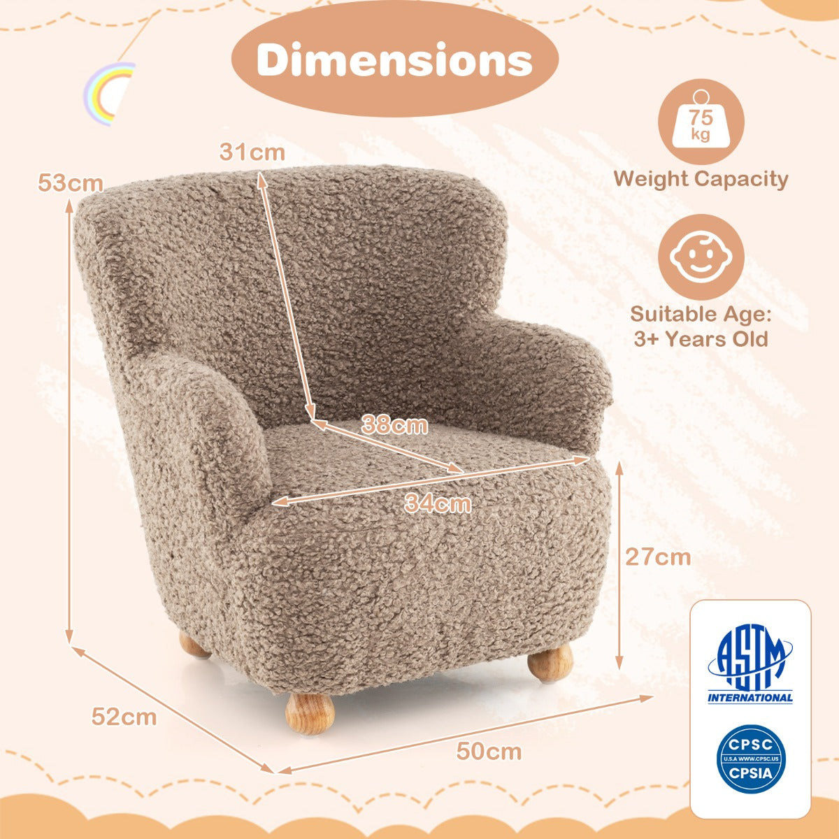 Livsk costway kinderbank kinderfauteuil met rugleuning en houten poten gestoffeerde kinderstoel 3