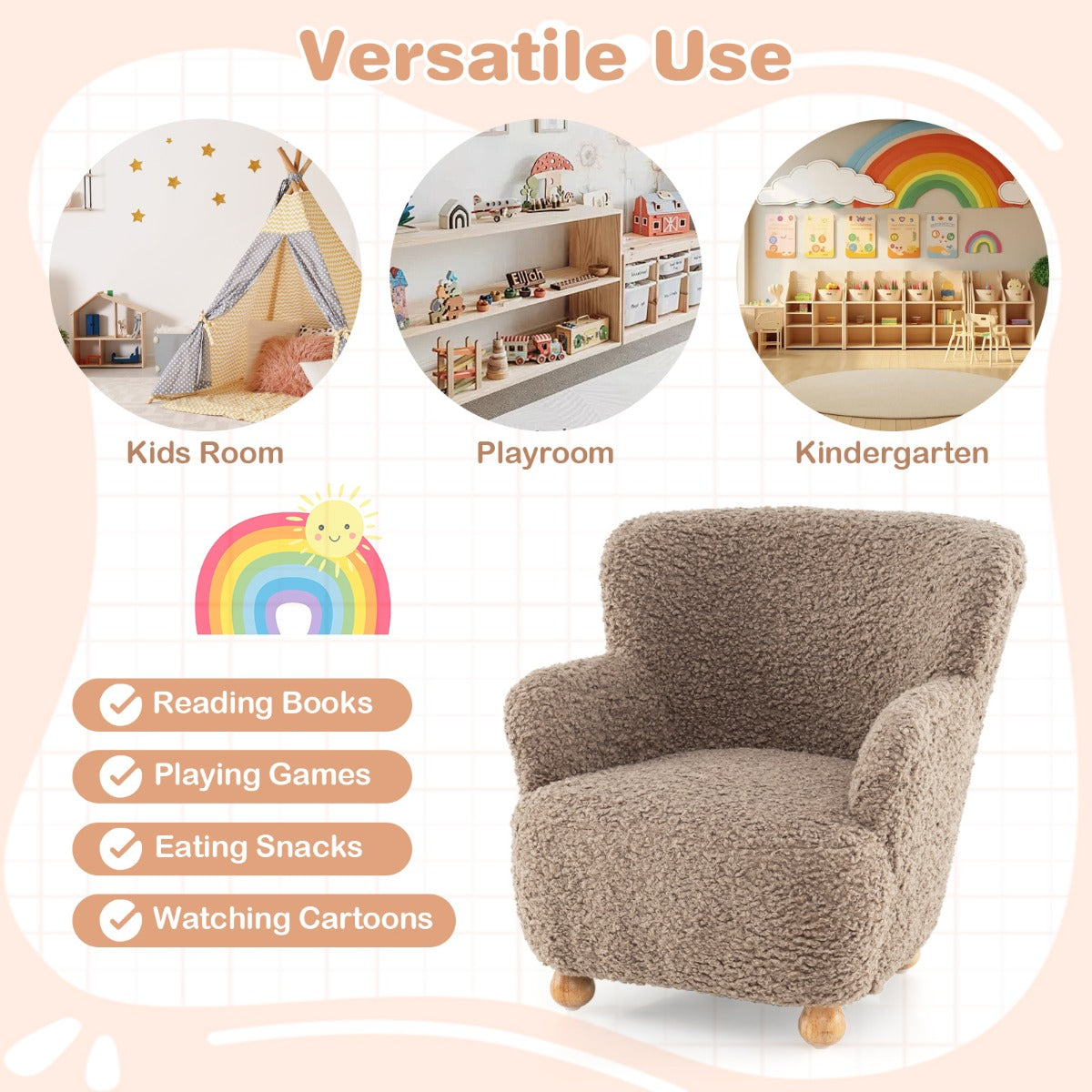 Livsk costway kinderbank kinderfauteuil met rugleuning en houten poten gestoffeerde kinderstoel 6