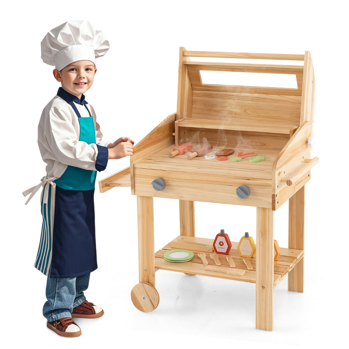 LIVSK Houten Barbecuespeelset - Realistische BBQ-Ervaring - 25 Accessoires - Kindvriendelijk - Voor Binnen en Buiten - Natuur