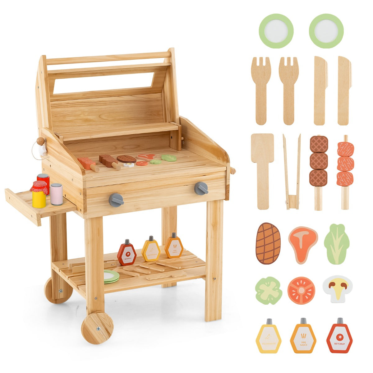 LIVSK Houten Barbecuespeelset - Realistische BBQ-Ervaring - 25 Accessoires - Kindvriendelijk - Voor Binnen en Buiten - Natuur