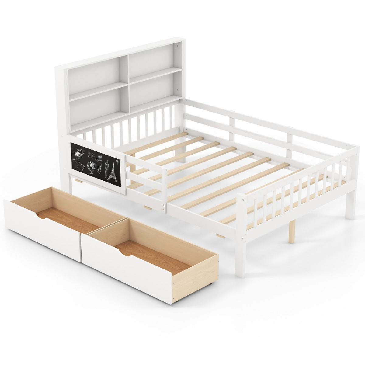 LIVSK Kinderbed met Valbescherming - 2 Uittrekbare Lades - Boekenplank - Krijtbord - Massief Hout - 203 x 143,5 x 120 cm - Wit