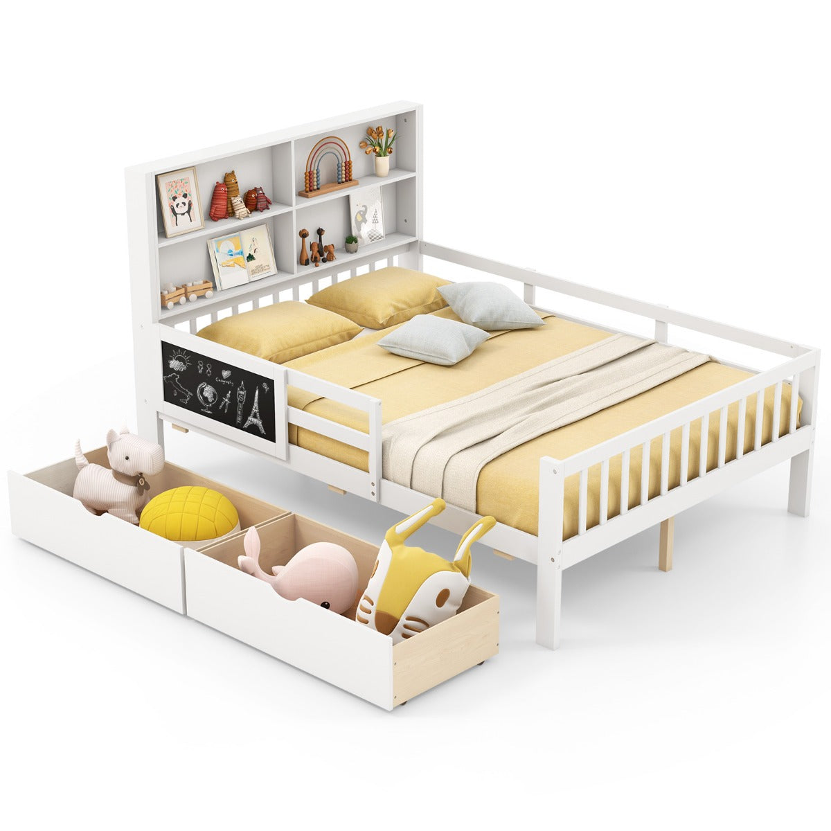 LIVSK Kinderbed met Valbescherming - 2 Uittrekbare Lades - Boekenplank - Krijtbord - Massief Hout - 203 x 143,5 x 120 cm - Wit