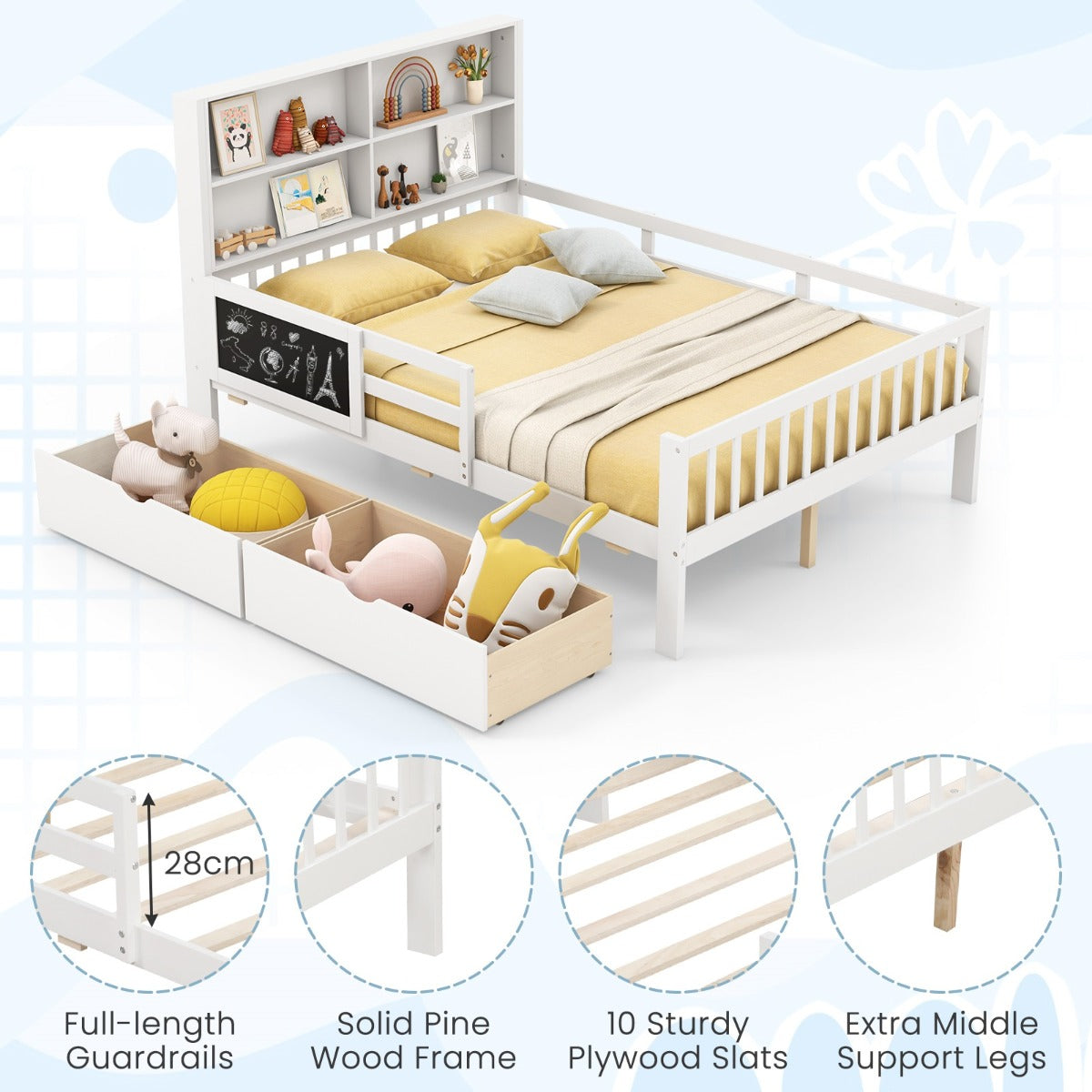 LIVSK Kinderbed met Valbescherming - 2 Uittrekbare Lades - Boekenplank - Krijtbord - Massief Hout - 203 x 143,5 x 120 cm - Wit