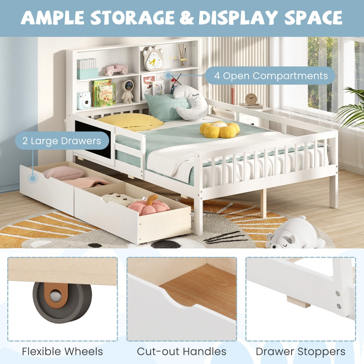 LIVSK Kinderbed met Valbescherming - 2 Uittrekbare Lades - Boekenplank - Krijtbord - Massief Hout - 203 x 143,5 x 120 cm - Wit