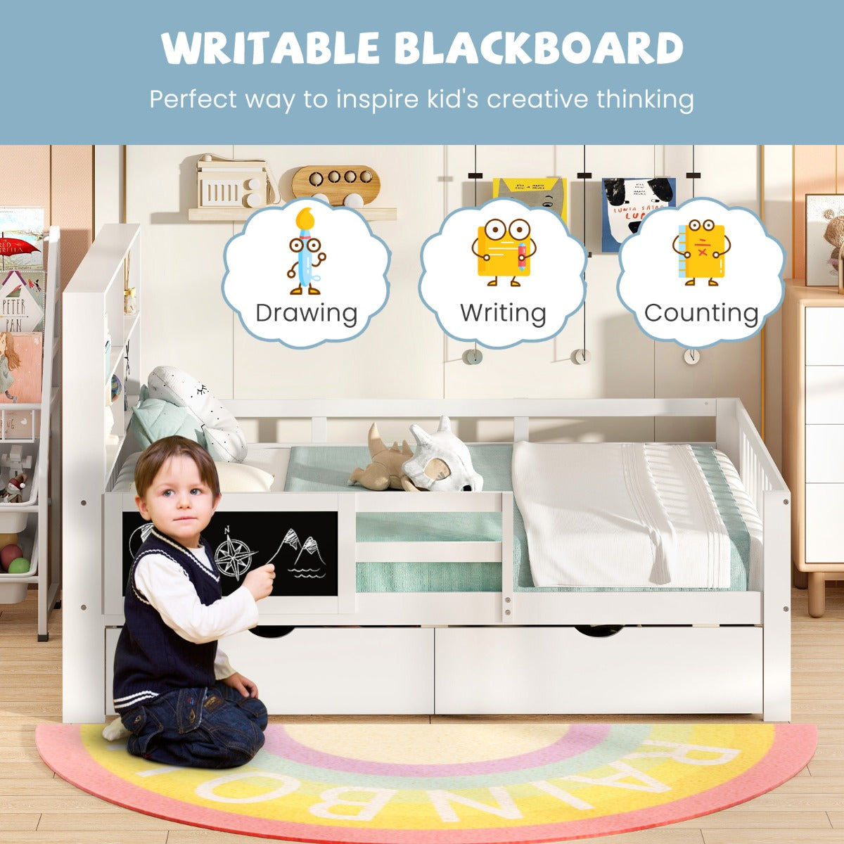 LIVSK Kinderbed met Valbescherming - 2 Uittrekbare Lades - Boekenplank - Krijtbord - Massief Hout - 203 x 143,5 x 120 cm - Wit