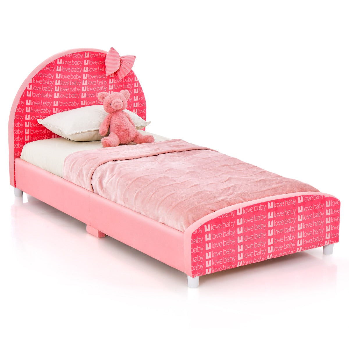LIVSK Verstelbaar Kinderbed - Stevig Hout - Zacht Hoofdbord met Strikontwerp - Voor Kinderen 0-8 jaar - 152 x 77 x 70 cm - Roze