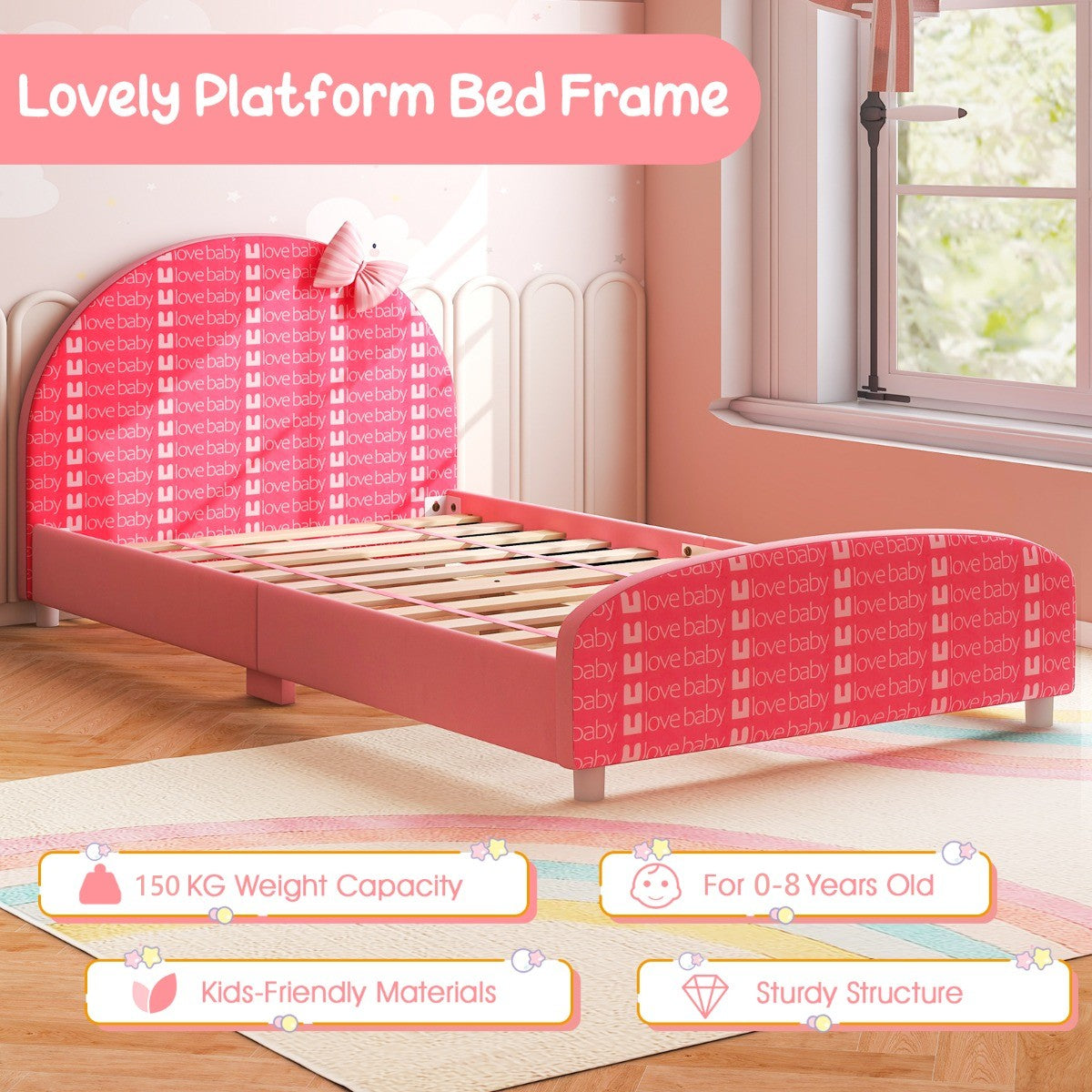 LIVSK Verstelbaar Kinderbed - Stevig Hout - Zacht Hoofdbord met Strikontwerp - Voor Kinderen 0-8 jaar - 152 x 77 x 70 cm - Roze