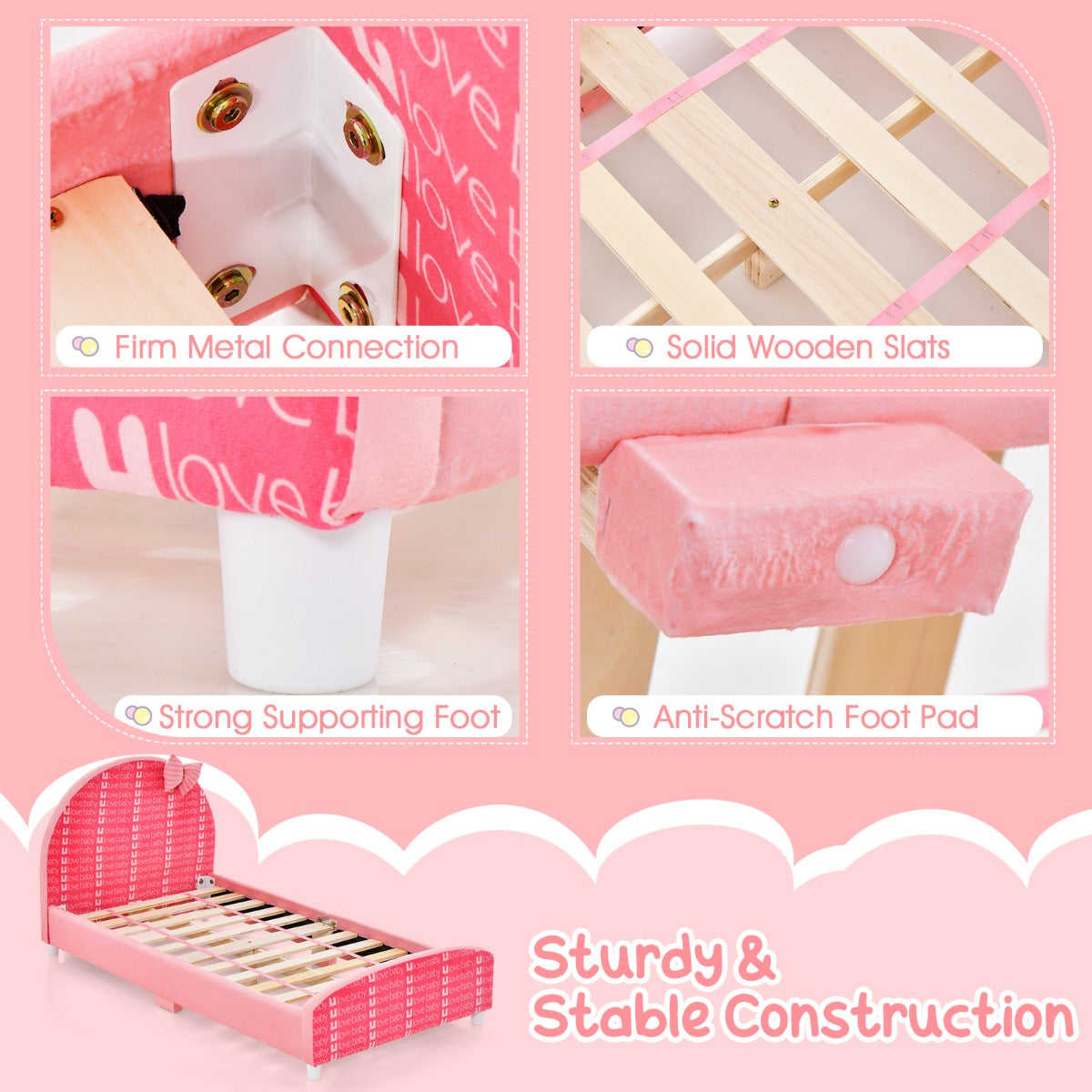 LIVSK Verstelbaar Kinderbed - Stevig Hout - Zacht Hoofdbord met Strikontwerp - Voor Kinderen 0-8 jaar - 152 x 77 x 70 cm - Roze