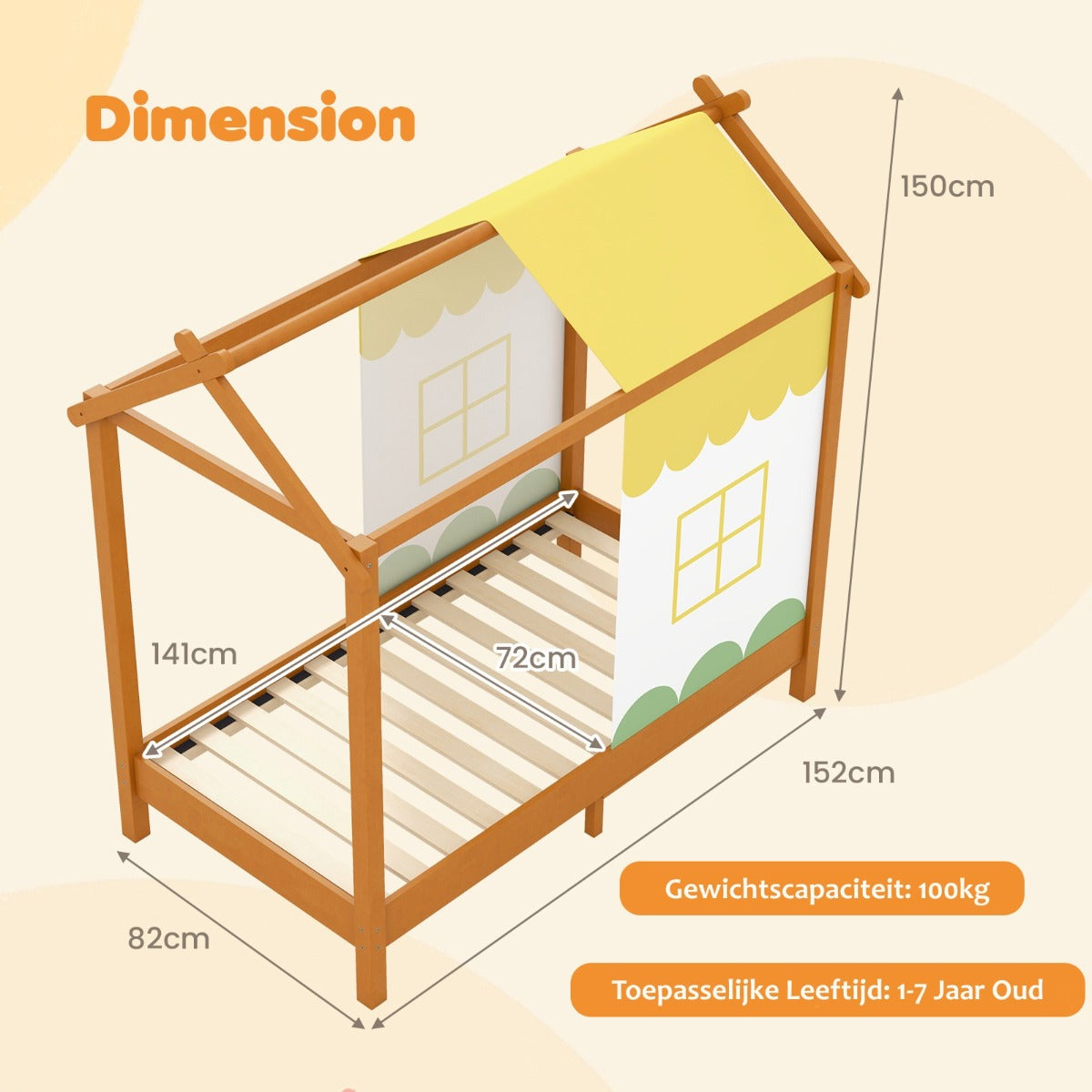 LIVSK Speelhuisbed - Afneembaar Hemelbed van Dennenhout - Stimuleert Creativiteit - Voor Kinderen van 1-7 jaar - 152 x 82 x 150