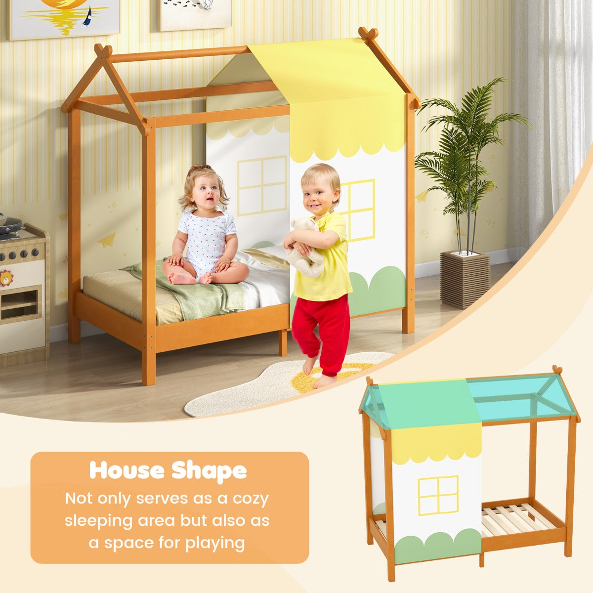 LIVSK Speelhuisbed - Afneembaar Hemelbed van Dennenhout - Stimuleert Creativiteit - Voor Kinderen van 1-7 jaar - 152 x 82 x 150