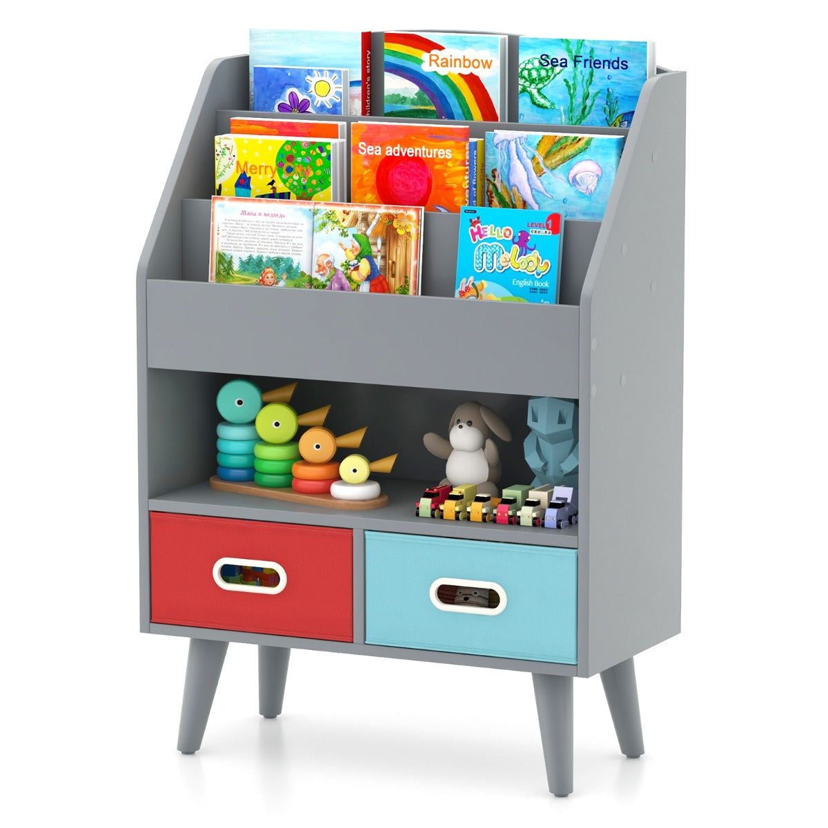 LIVSK Opvouwbare Kinderboekenkast - 3 Niveaus - 2 Stoffen Lades - Veiligheidsvoorzieningen - Modern Ontwerp - Grijs/Wit