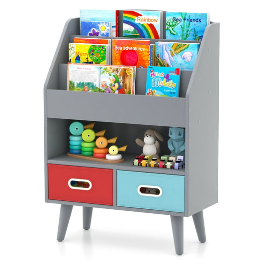 LIVSK Opvouwbare Kinderboekenkast - 3 Niveaus - 2 Stoffen Lades - Veiligheidsvoorzieningen - Modern Ontwerp - Grijs/Wit