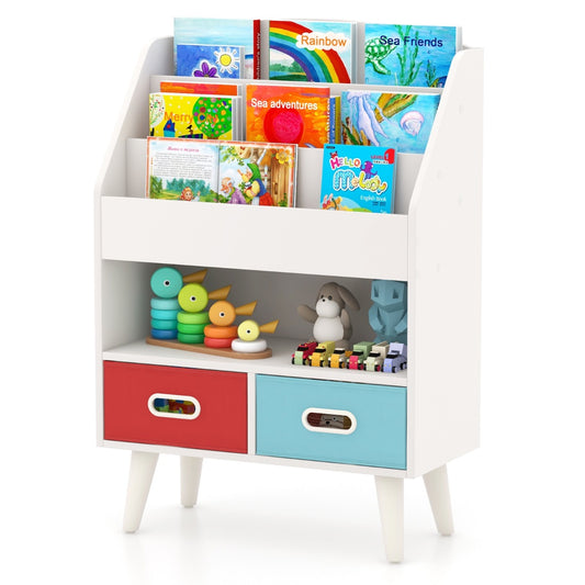 LIVSK Kinderboekenkast - 3 Niveaus - 2 Opvouwbare Lades - Veiligheidsontwerp - Hoogwaardig Hout - 63 x 30 x 97 cm - Grijs/Wit