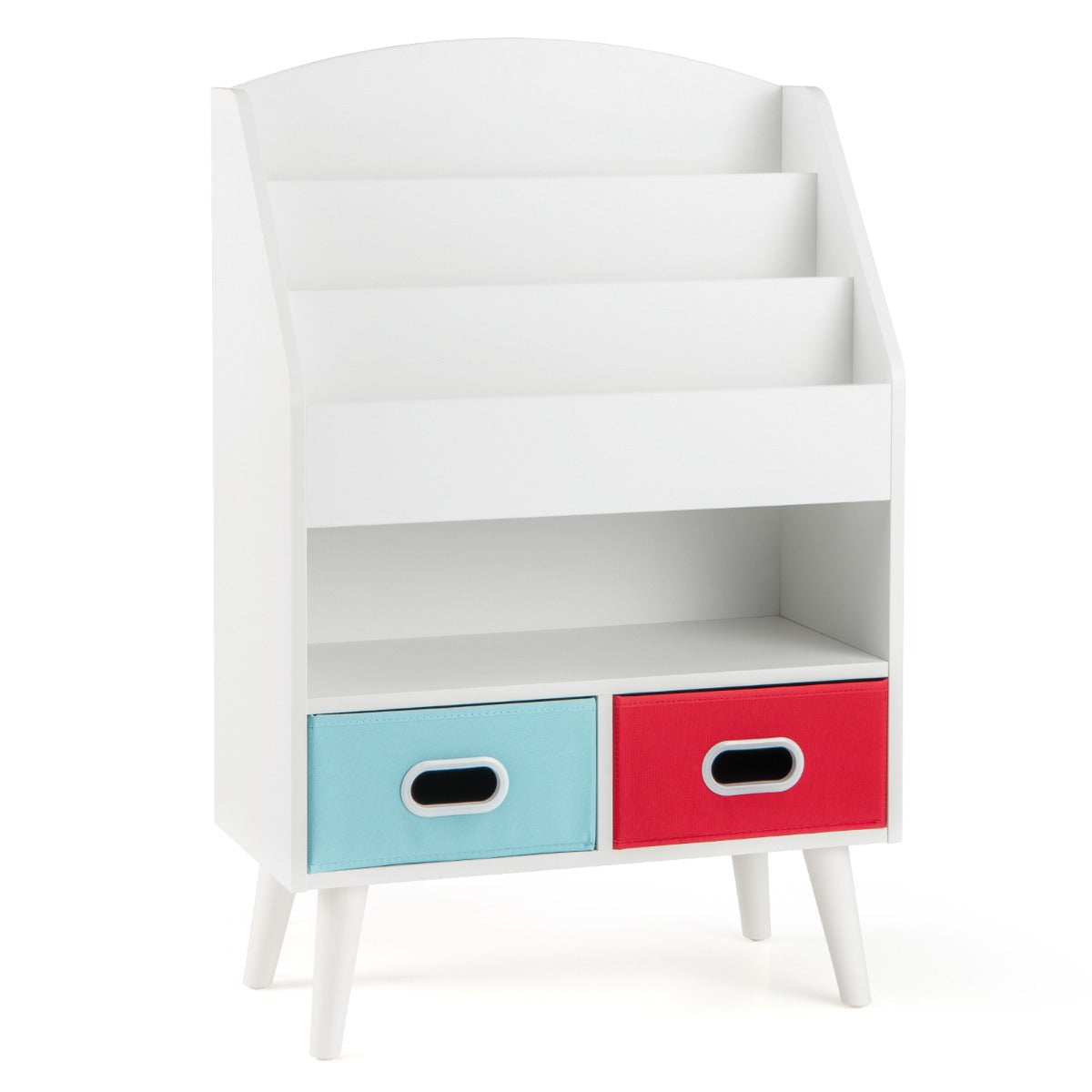LIVSK Kinderboekenkast - 3 Niveaus - 2 Opvouwbare Lades - Veiligheidsontwerp - Hoogwaardig Hout - 63 x 30 x 97 cm - Grijs/Wit