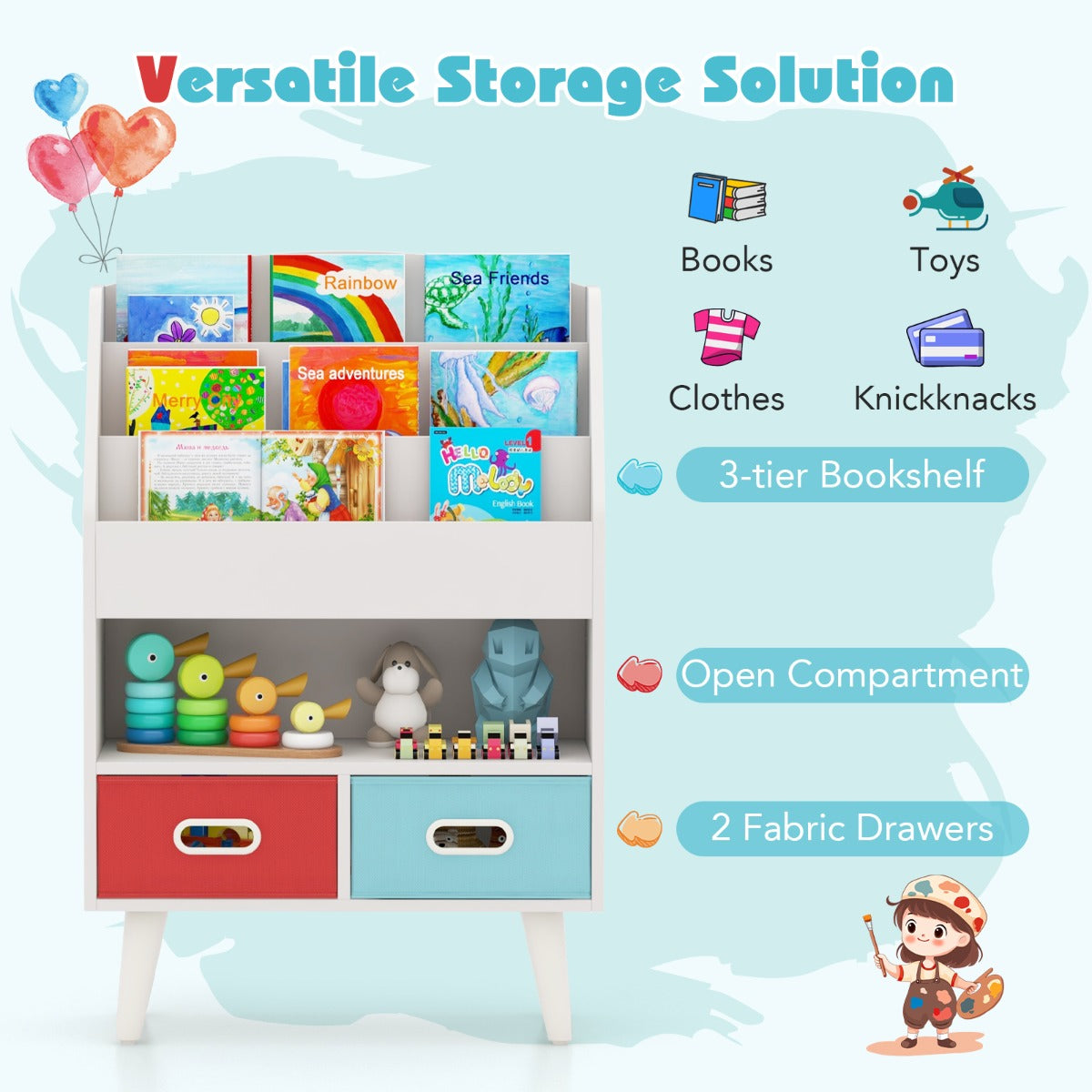 LIVSK Kinderboekenkast - 3 Niveaus - 2 Opvouwbare Lades - Veiligheidsontwerp - Hoogwaardig Hout - 63 x 30 x 97 cm - Grijs/Wit