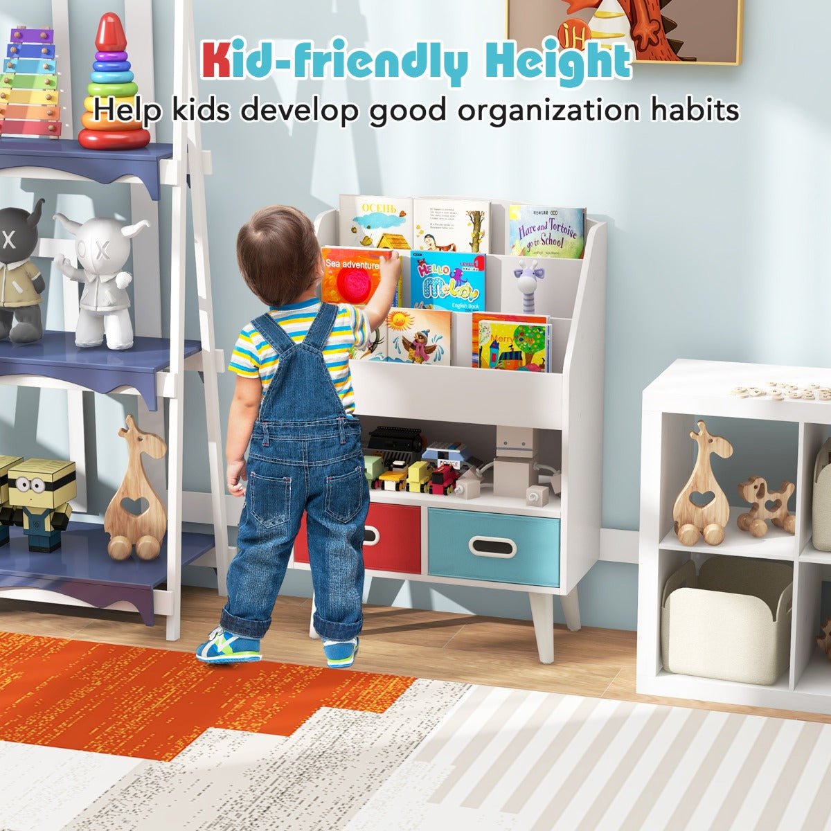 LIVSK Kinderboekenkast - 3 Niveaus - 2 Opvouwbare Lades - Veiligheidsontwerp - Hoogwaardig Hout - 63 x 30 x 97 cm - Grijs/Wit