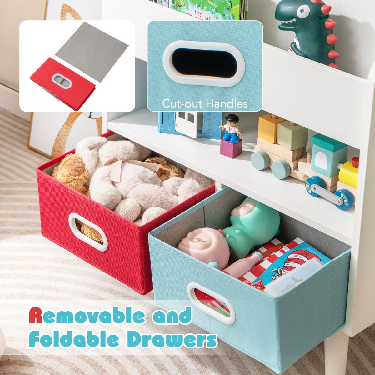 LIVSK Kinderboekenkast - 3 Niveaus - 2 Opvouwbare Lades - Veiligheidsontwerp - Hoogwaardig Hout - 63 x 30 x 97 cm - Grijs/Wit