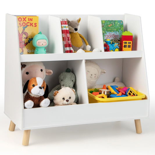 LIVSK 2-in-1 Kinderboekenkast en Speelgoedopberger - 5 Vakken - Veilig Houten Frame - Kindvriendelijke Hoogte 71 cm - Wit
