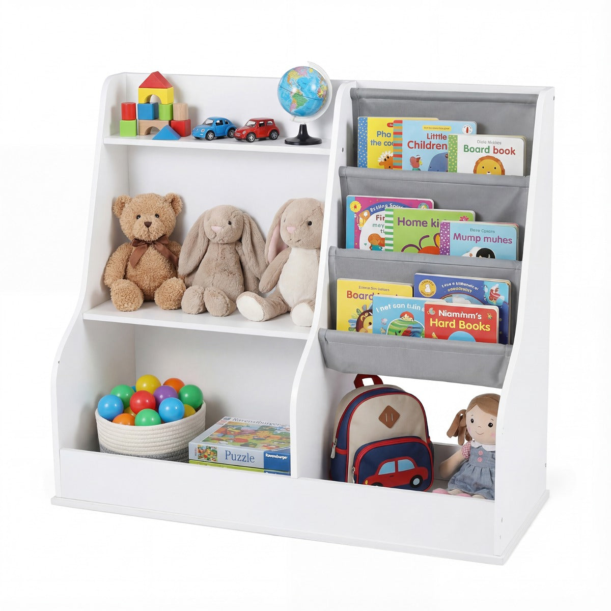 Livsk costway kinderboekenkast houten speelgoedopbergrek met 3 niveaus stoffen zakken houten rugzakkenrek voor peuters met opbergvakken