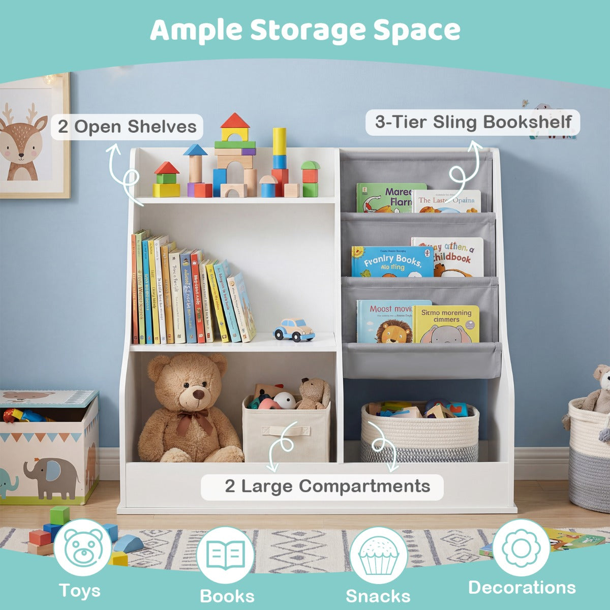 Livsk costway kinderboekenkast houten speelgoedopbergrek met 3 niveaus stoffen zakken houten rugzakkenrek voor peuters met opbergvakken