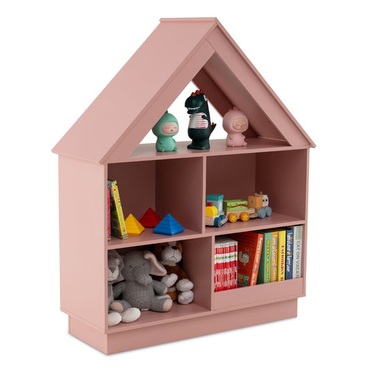 LIVSK Houten Boekenkast in Huisvorm - 5 Open Vakken - Kantelbeveiliging - Duurzaam - Max. Draagvermogen 110 kg - Natuurlijk/Wit
