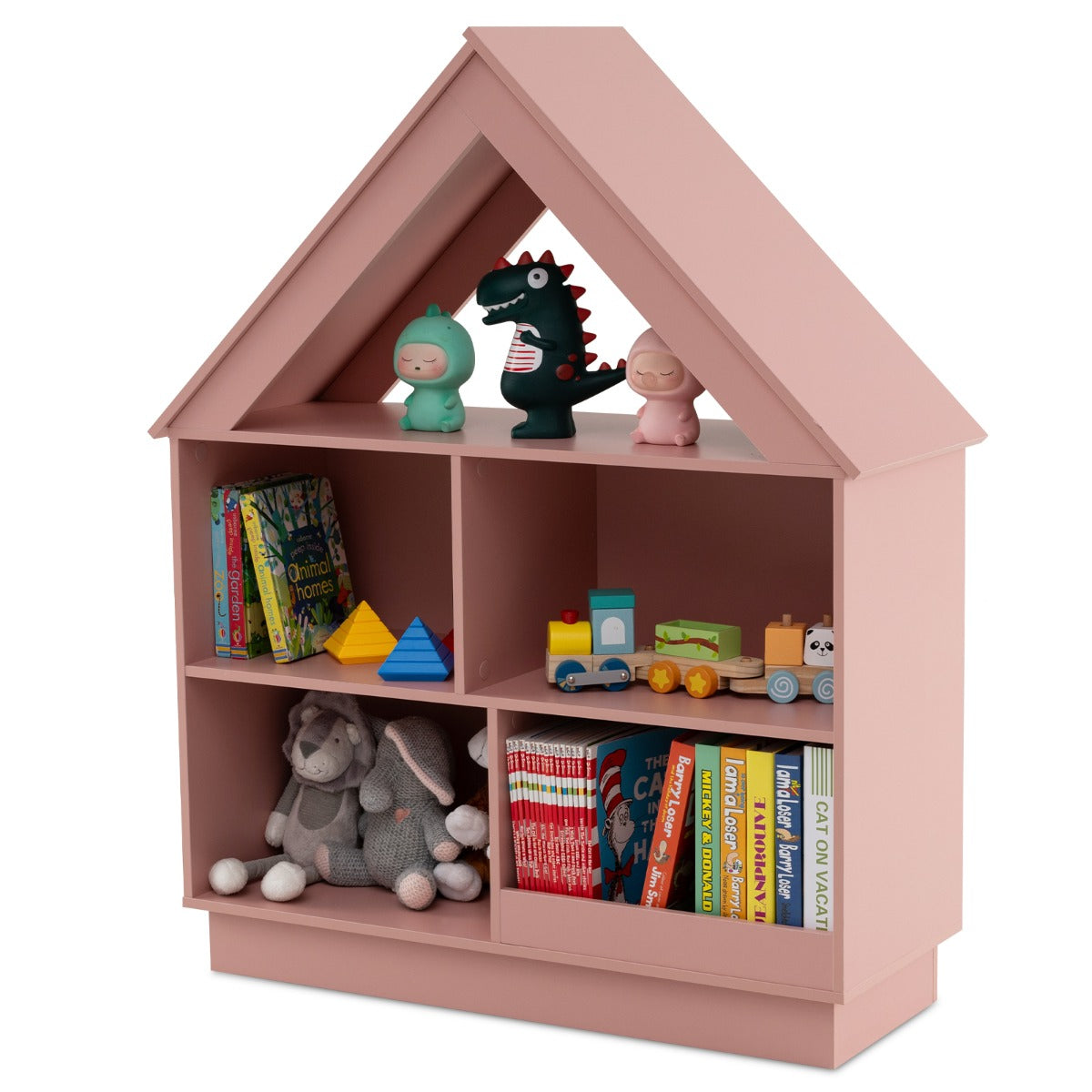 LIVSK Houten Boekenkast in Huisvorm - 5 Open Vakken - Kantelbeveiliging - Duurzaam - Max. Draagvermogen 110 kg - Natuurlijk/Wit