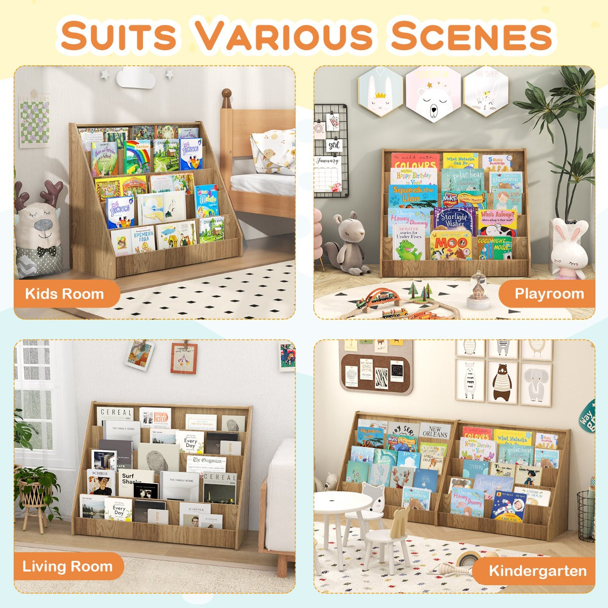 Livsk costway kinderboekenkast met 5 niveaus staande boekenkast kleine tijdschriftenhouder met anti kantelbeveiliging naturel 4
