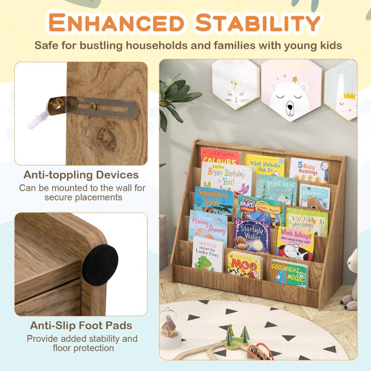 Livsk costway kinderboekenkast met 5 niveaus staande boekenkast kleine tijdschriftenhouder met anti kantelbeveiliging naturel 5