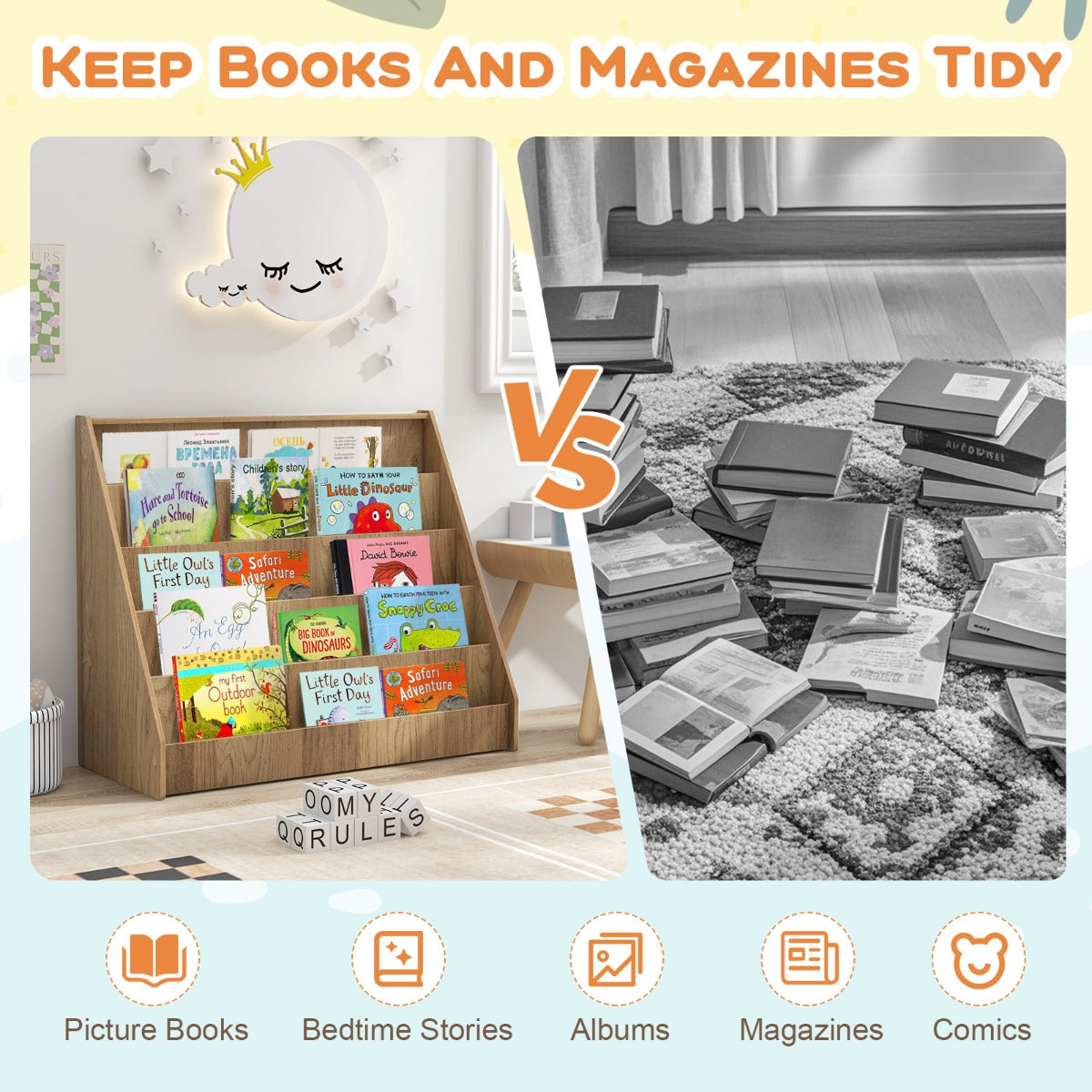 Livsk costway kinderboekenkast met 5 niveaus staande boekenkast kleine tijdschriftenhouder met anti kantelbeveiliging naturel 6