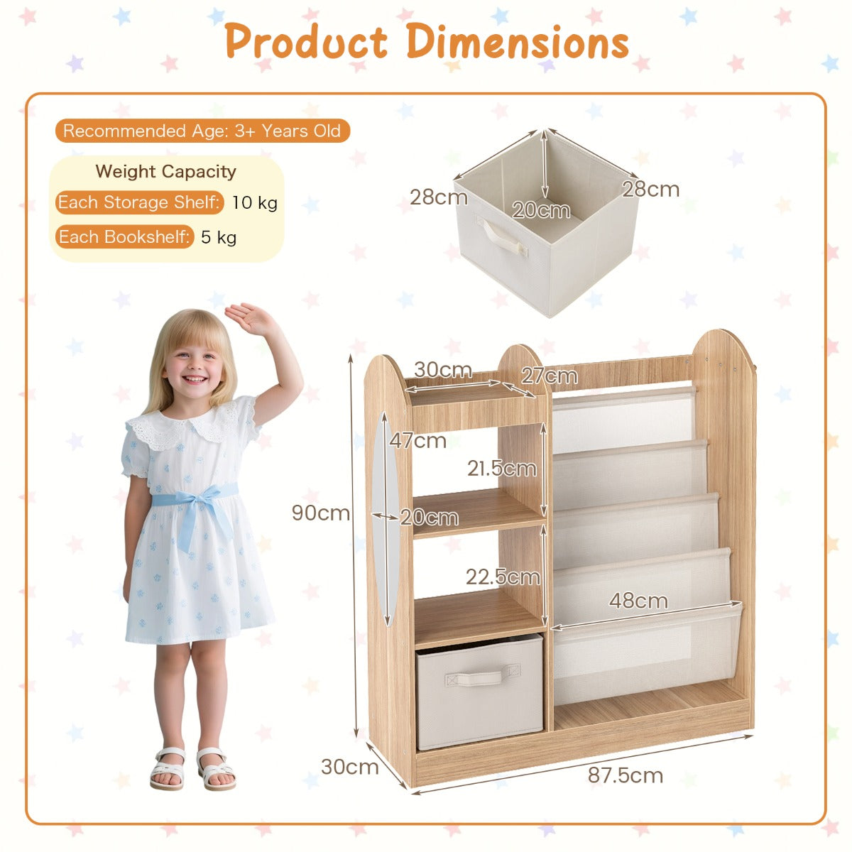 Livsk costway kinderboekenkast met passpiegel speelgoedopbergers met 4 lagen sling planken en stoffen lade naturel 1 1