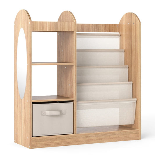 Livsk costway kinderboekenkast met passpiegel speelgoedopbergers met 4 lagen sling planken en stoffen lade naturel