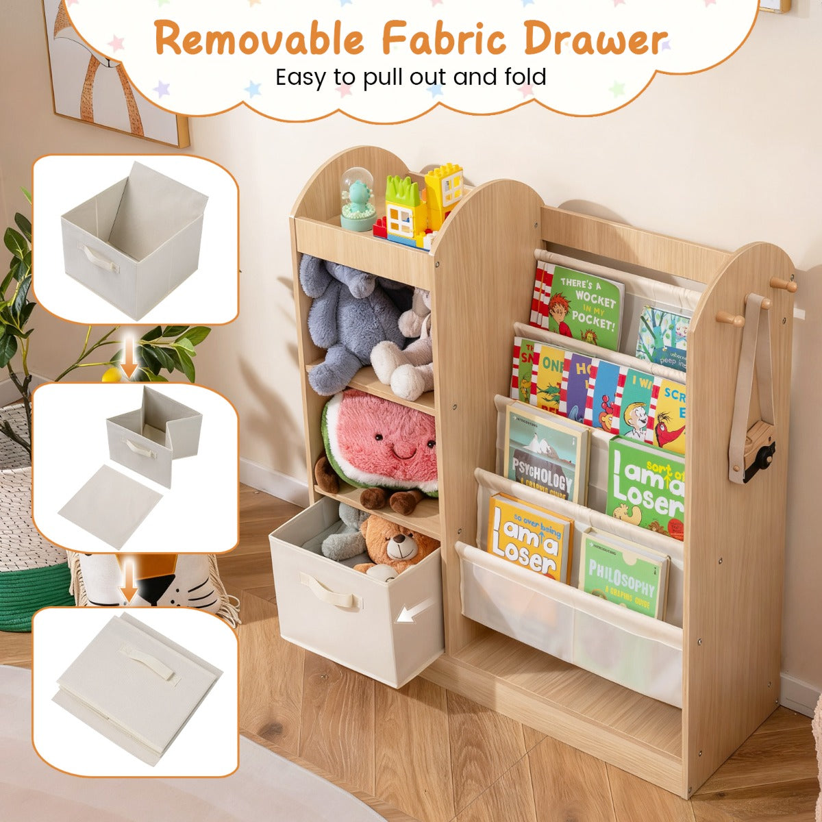 Livsk costway kinderboekenkast met passpiegel speelgoedopbergers met 4 lagen sling planken en stoffen lade naturel 4