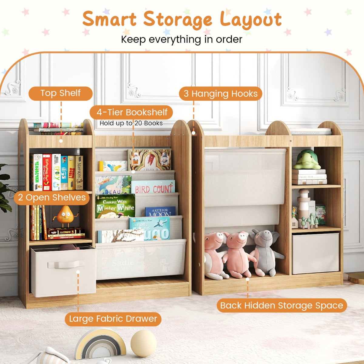 Livsk costway kinderboekenkast met passpiegel speelgoedopbergers met 4 lagen sling planken en stoffen lade naturel 5