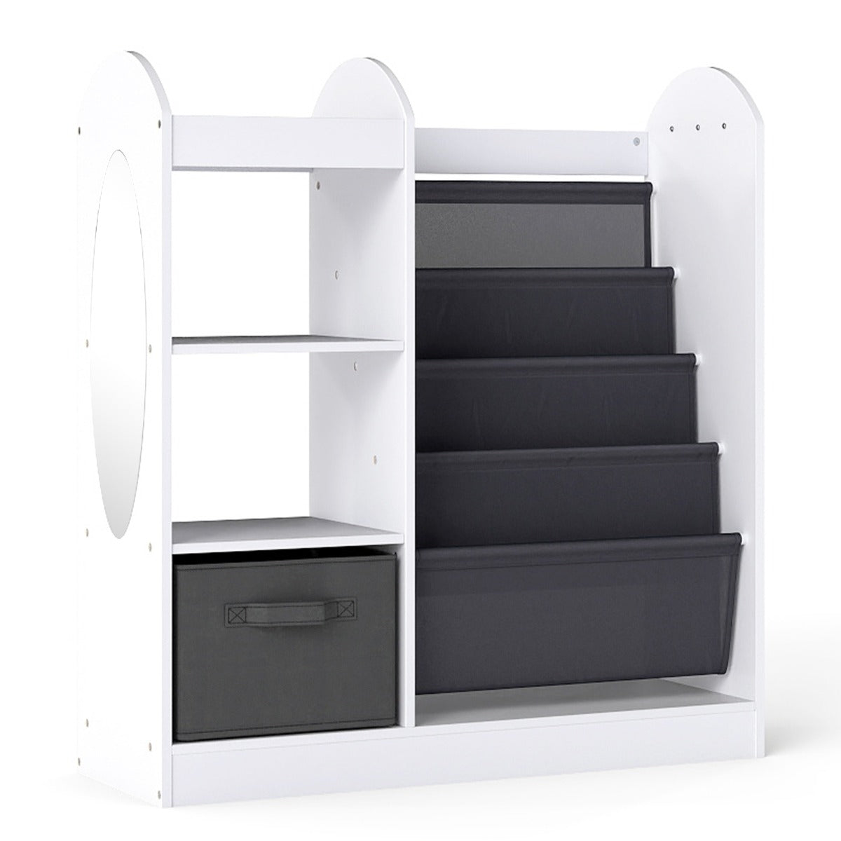 Livsk costway kinderboekenkast met passpiegel speelgoedopbergers met 4 lagen sling planken en stoffen lade wit