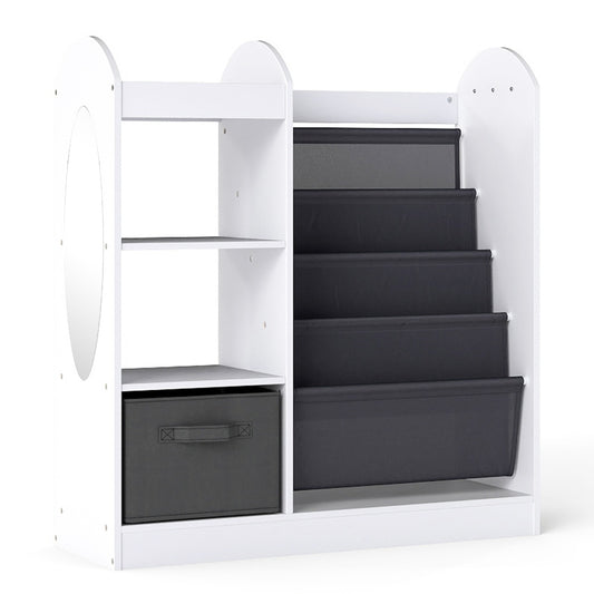 Livsk costway kinderboekenkast met passpiegel speelgoedopbergers met 4 lagen sling planken en stoffen lade wit