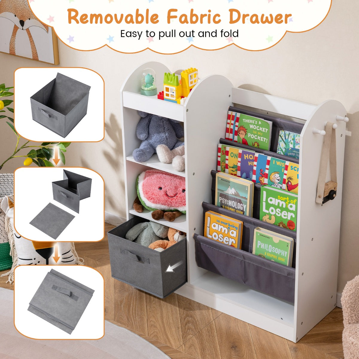 Livsk costway kinderboekenkast met passpiegel speelgoedopbergers met 4 lagen sling planken en stoffen lade wit 3