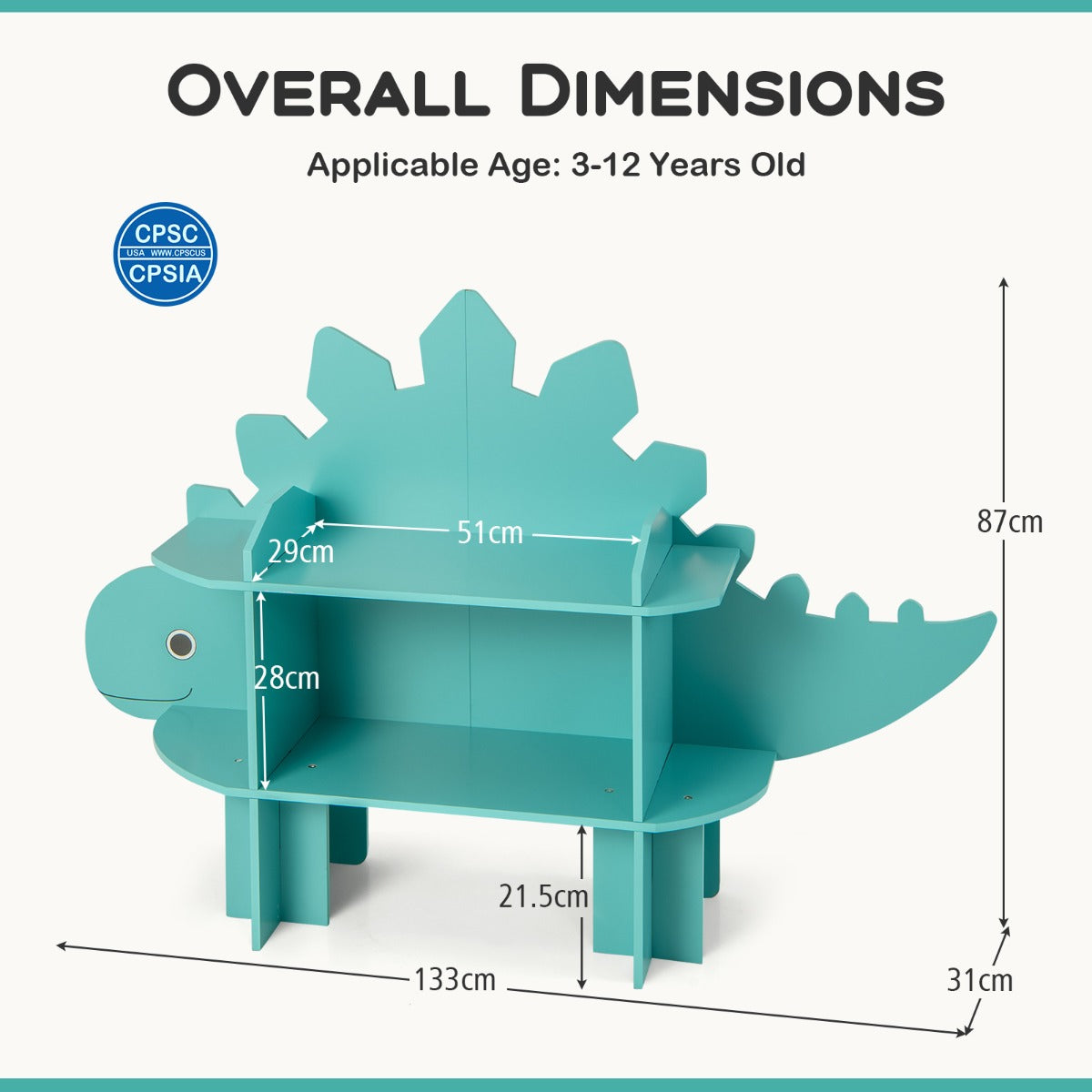 LIVSK Kinderboekenplank Dinosaurusvorm - 2 Niveaus - Anti-kanteling - Stabiliteit - Voor Kinderen 3-12 jaar - Groen