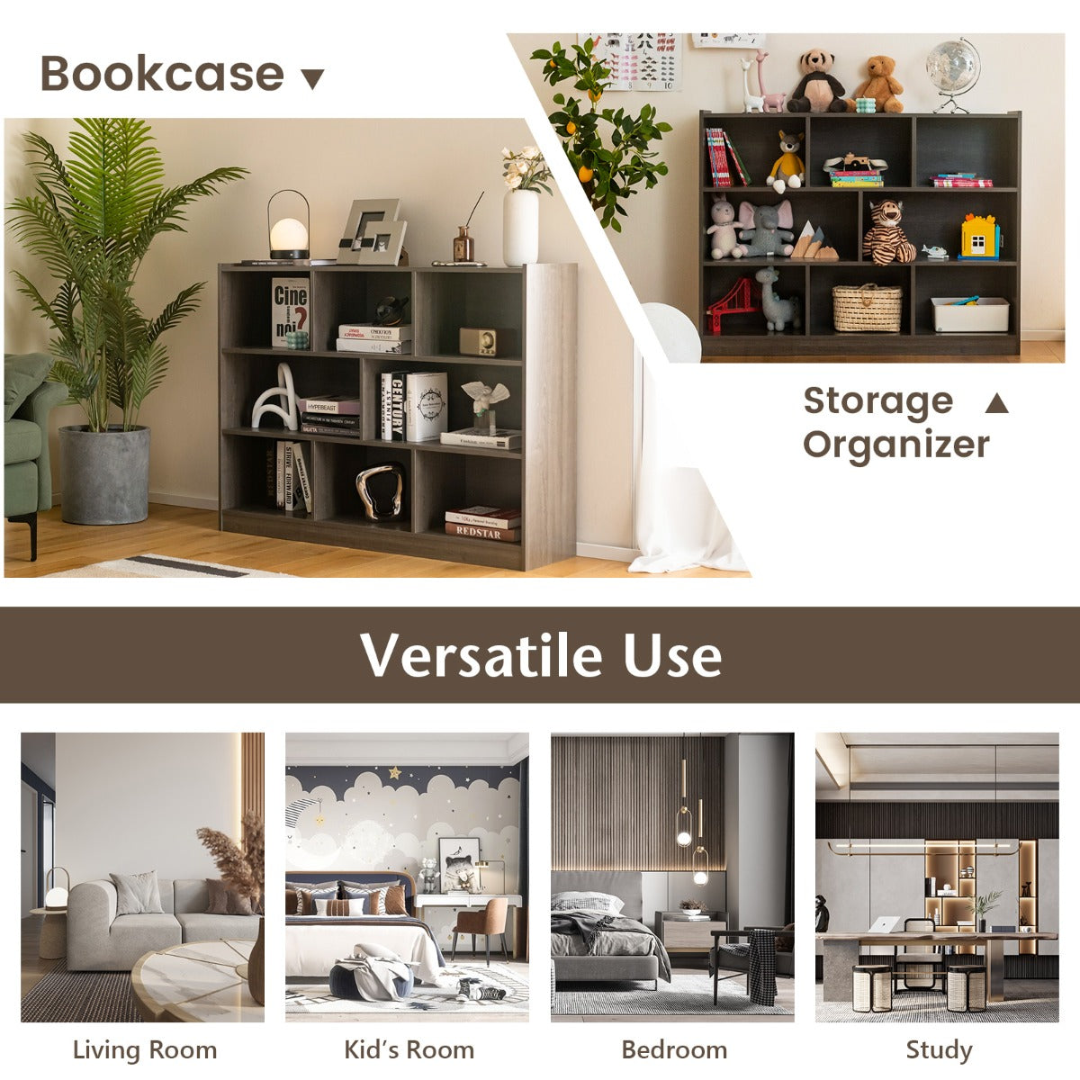 LIVSK Boekenkast met 8 Vakken - Duurzaam Gelamineerd Hout - Flexibel Ontwerp - Eenvoudige Montage - 122 x 32 x 93 cm - Grijs