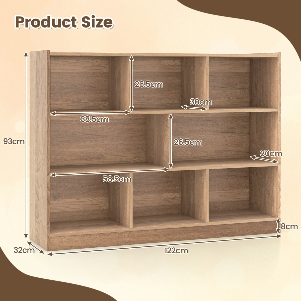 LIVSK Boekenkast - 3 Niveaus met 8 Vakken - Duurzaam Gelamineerd Hout - Tot 60 kg - Modern Design - Houtkleur