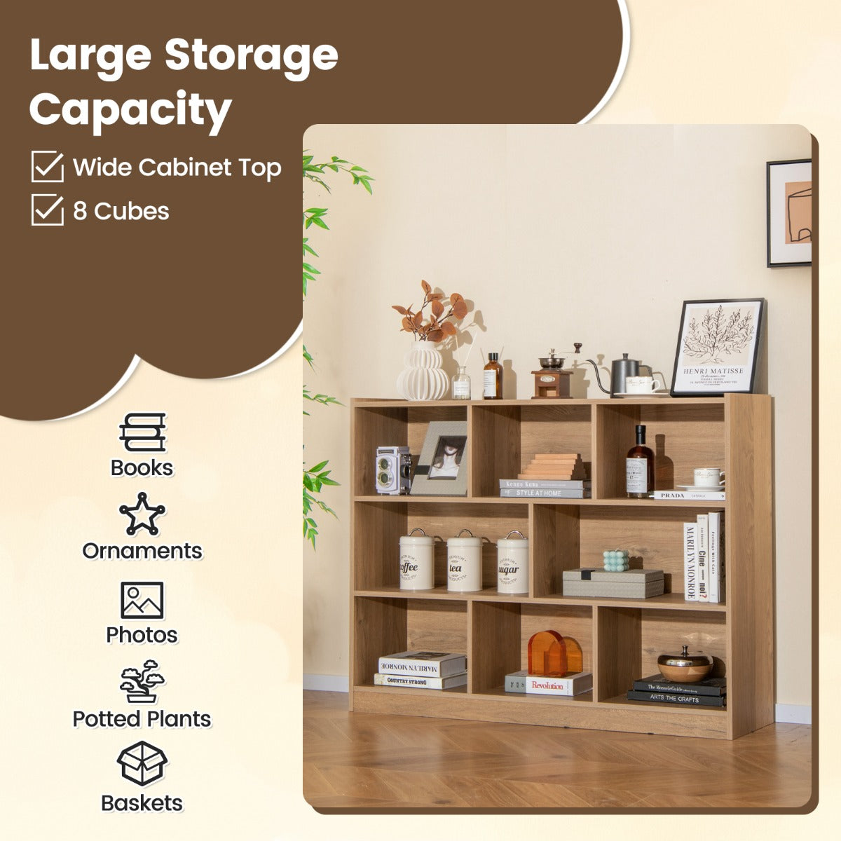 LIVSK Boekenkast - 3 Niveaus met 8 Vakken - Duurzaam Gelamineerd Hout - Tot 60 kg - Modern Design - Houtkleur