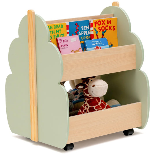 LIVSK Kinderboekenkast op Wielen - Boomvormig met 3 Open Planken - Duurzaam MDF - Lichtlopende Wielen - 52 x 46 x 62,5 cm - Groen