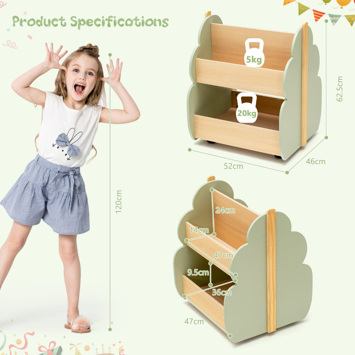 LIVSK Kinderboekenkast op Wielen - Boomvormig met 3 Open Planken - Duurzaam MDF - Lichtlopende Wielen - 52 x 46 x 62,5 cm - Groen