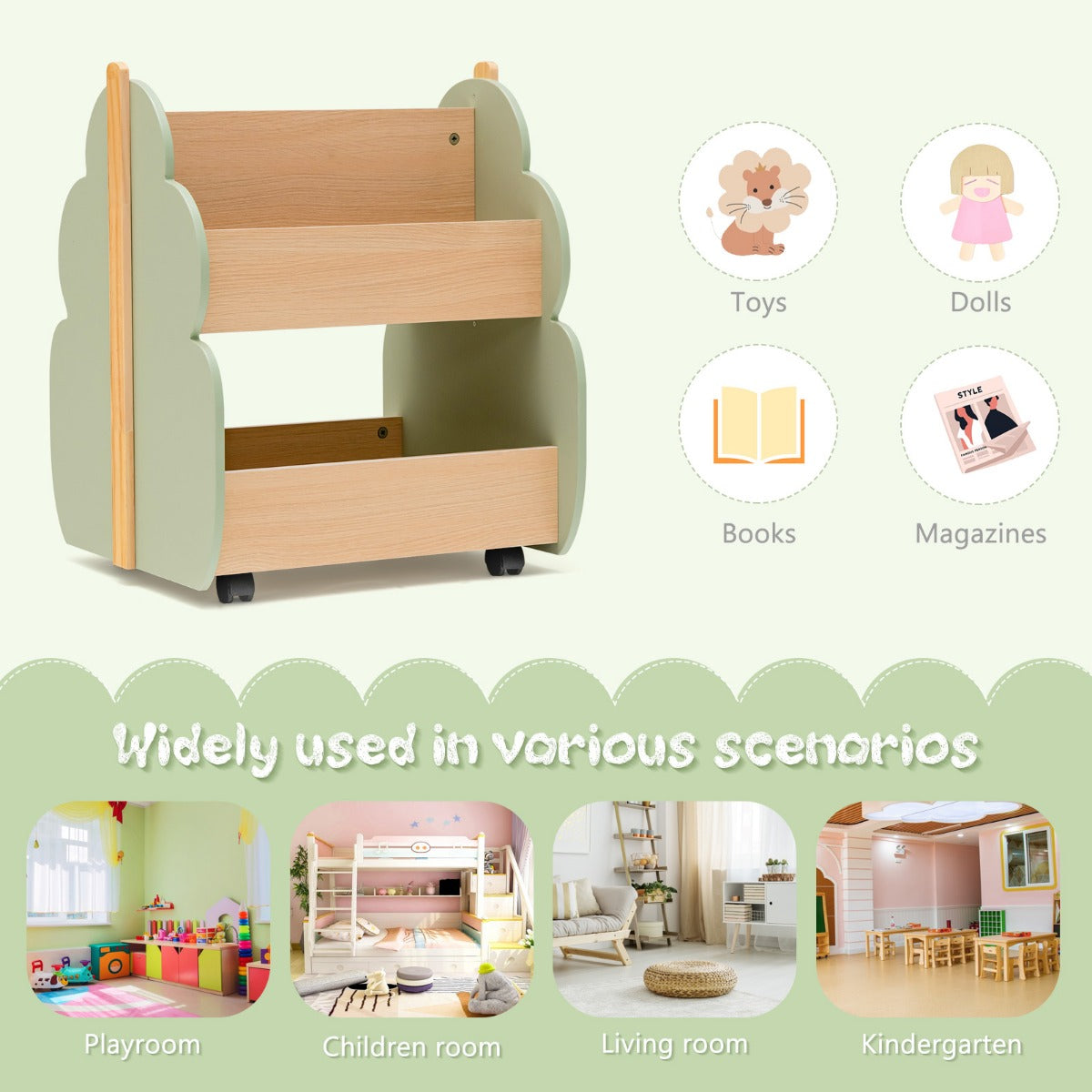 LIVSK Kinderboekenkast op Wielen - Boomvormig met 3 Open Planken - Duurzaam MDF - Lichtlopende Wielen - 52 x 46 x 62,5 cm - Groen