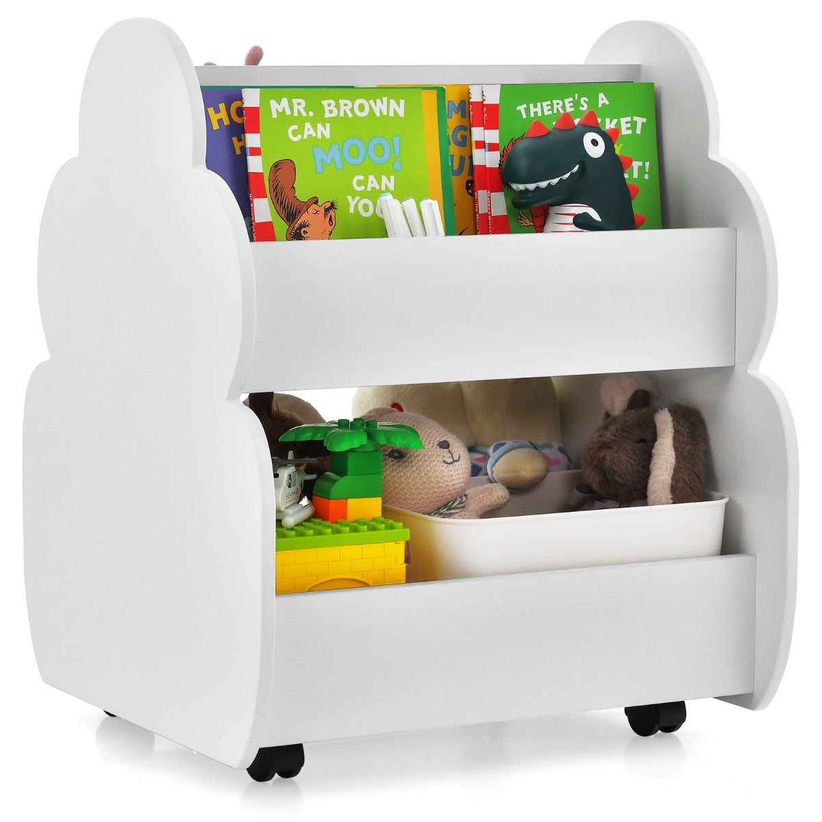 LIVSK Dubbellaagse Kinderboekenkast op Wieltjes - Boomvorm - 3 Open Planken - Draagvermogen 20 kg - 52 x 47 x 63,5 cm - Wit