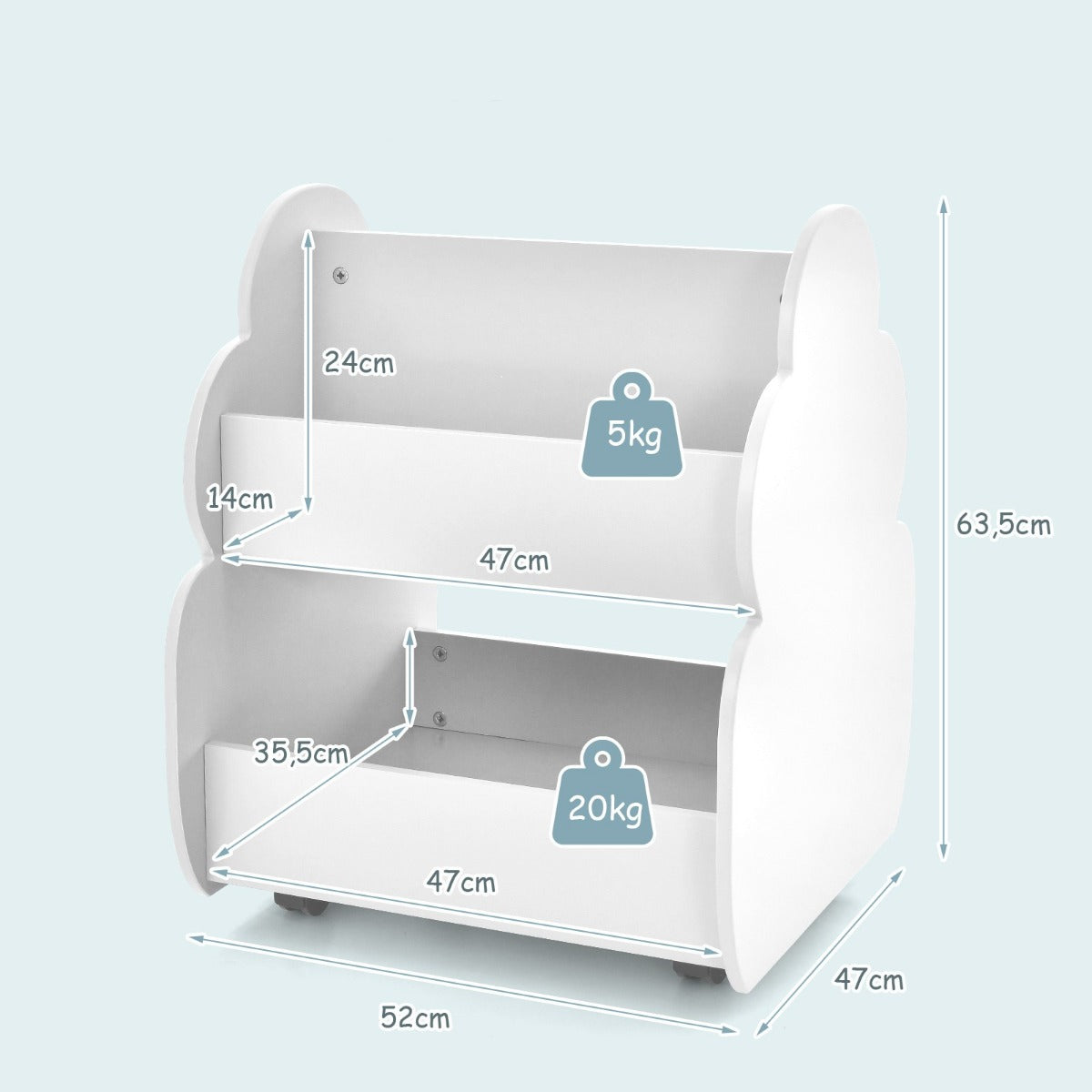 LIVSK Dubbellaagse Kinderboekenkast op Wieltjes - Boomvorm - 3 Open Planken - Draagvermogen 20 kg - 52 x 47 x 63,5 cm - Wit